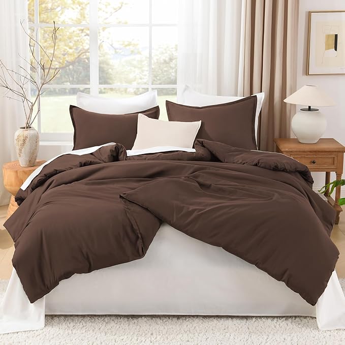 Litanika Brown Comforter Set Queen Size, 3 Pieces Lightweight Solid Bedding Comforter Set, All Season Fluffy Bed Set (90x90In Comforter & 2 Pillowcases)-Ruum Studio Home