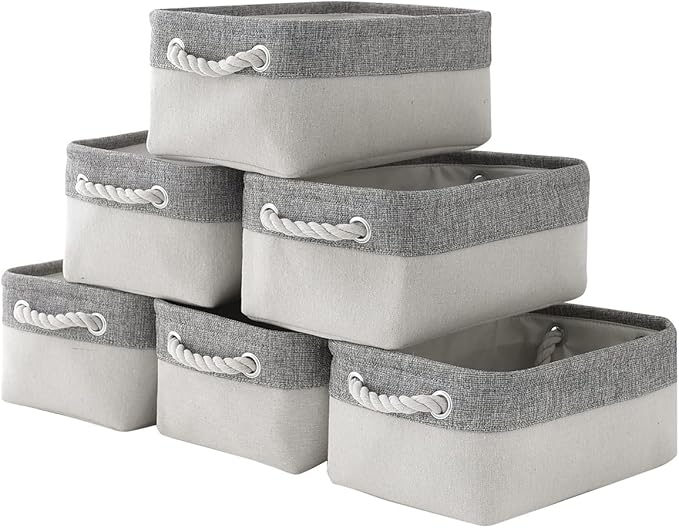Basket for Organizing Cube Stgorage Bin - Small 6 Pack Fabric Storage Cubes Collapsible Baskets for Shelves with Rope, Bins for Organization Closet Cloth Toy Laundry Canvas (Grey&White 12x8x5.2 inch)-Ruum Studio Home