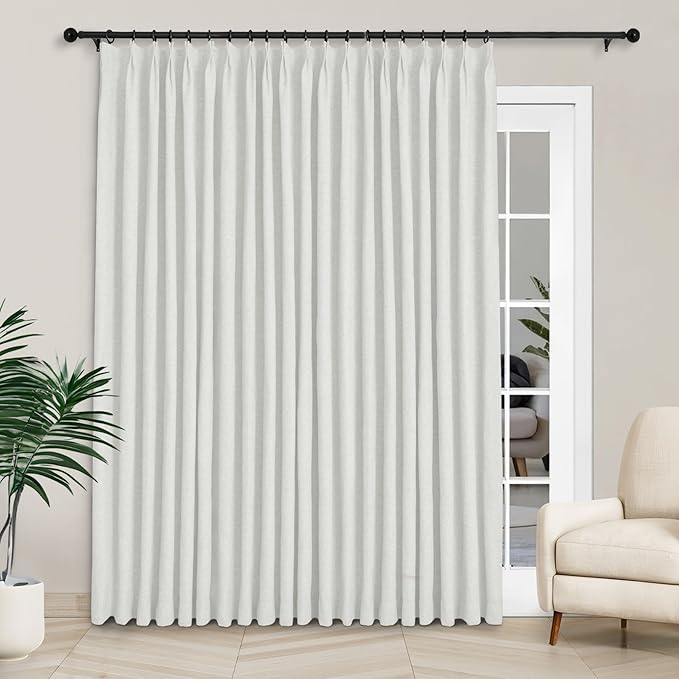 Macochico 100”Wx96”L Pinch Pleated 100% Blackout Linen Curtains Thermal Sliding Curtains for Bedroom Living Room Sliding Glass Door Farmhouse Shabby Chic Greyish White Drapery with Tieback 1 Panel-Ruum Studio Home