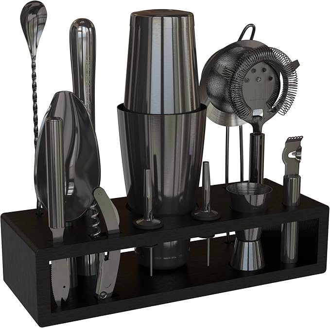 Highball & Chaser 13-Piece Gunmetal Black Stainless Steel Boston Cocktail Shaker Bar Tool Set with Mixology Bartender Kit Accessories-Ruum Studio Home