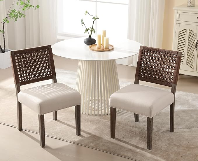 Kmax Farmhouse Dining Chairs Set of 2, Rustic Kitchen Chairs with Linen Fabric Seat and Woven Back, Vintage Accent Chairs for Dining Room, Living Room, Beige-Ruum Studio Home