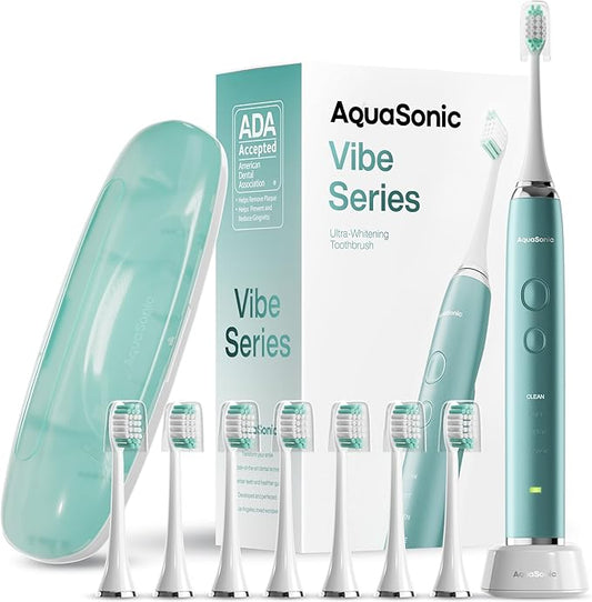 Aquasonic Vibe Series Ultra-Whitening Toothbrush – ADA Accepted Power Toothbrush - 8 Brush Heads & Travel Case – 40,000 VPM Motor & Wireless Charging - 4 Modes w Smart Timer – Mint Green Metallic-Ruum Studio Home