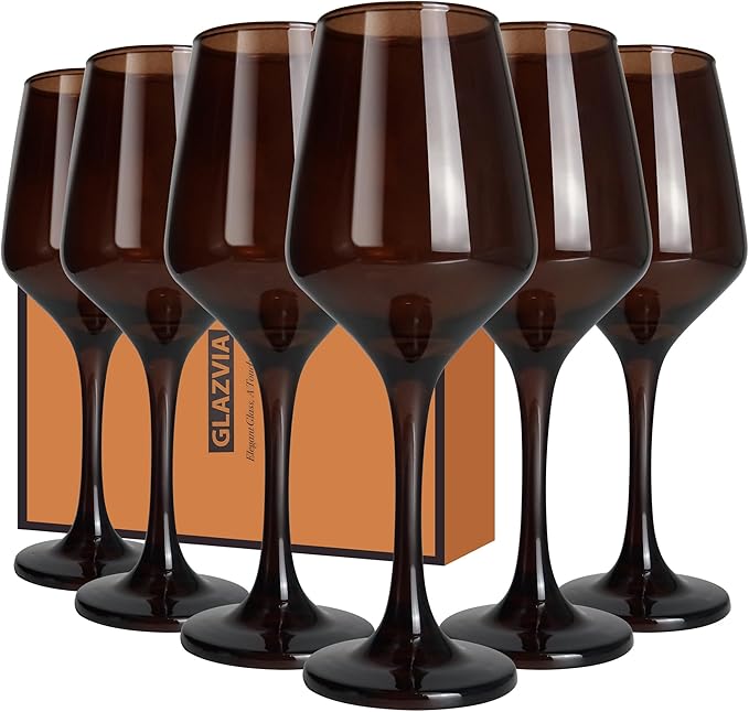 Brown Wine Glasses Set of 6-14oz Long Stem Wine Glass, Pretty Crystal Glassware, Hand Blown Goblets Drinkware, Unique Stemware Wine Glass Holiday Gift Set-Ruum Studio Home