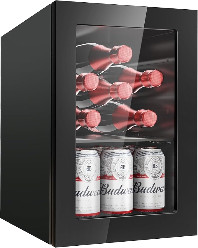 6 Bottles and 6 Cans Compact Beverage Refrigerator, Freestanding Mini Fridge with Temperature Control for Beer Wine, Under Counter Small Refrigerator Adjustable Shelve & Glass Door for Home and Bar-Ruum Studio Home