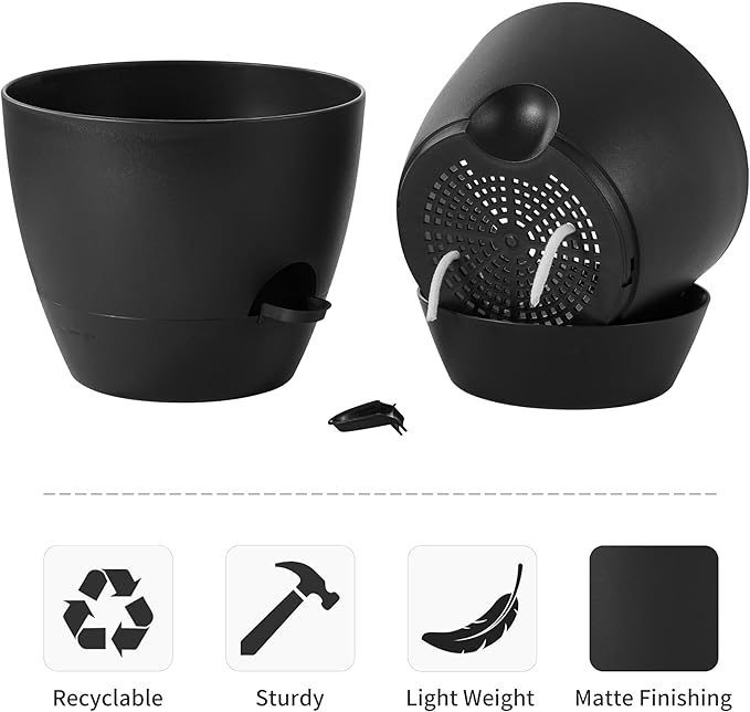 FaithLand 3-Pack Large Planter Pots, 12 10 9 Inch Self Watering Flower Pots for Indoor Outdoor Garden Plants, Black-Ruum Studio Home