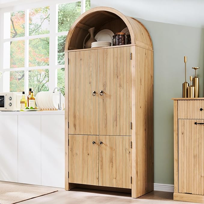 71" Tall Arched Bathroom Storage Cabinet, Modern Fluted Storage Cabinet w/Doors, 3 Adjustable Shelves, 6 Door Shelves, Wood Freestanding Cabinet for Bathroom, Entryway, Hallway, Natural-Ruum Studio Home