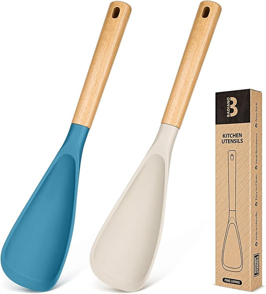 Cooking Spoon for Nonstick Cookwares, Great for Cooking and Serving Sturdy BPA-Free Matte Silicone, Wood Handle Spoon for Mixing, Scoop, and Scrape (Khaki & Turquoise, 13.4 inch)-Ruum Studio Home
