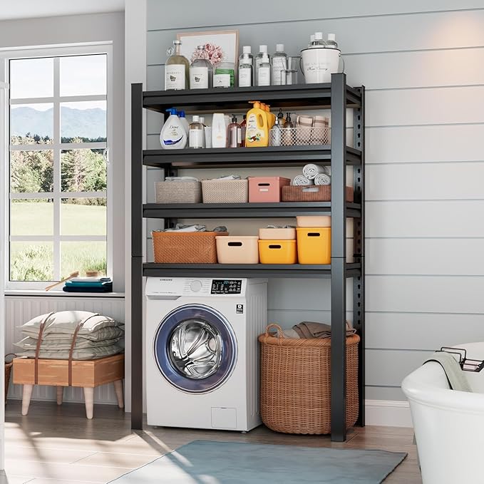Laundry Room Storage Organizer, Over The Washer and Dryer Storage Shelves for Laundry Organization, 35" W x 14" D x 63" H, Suit Washing Machine Width Within 32.6", Hold 500 lb, Black-Ruum Studio Home