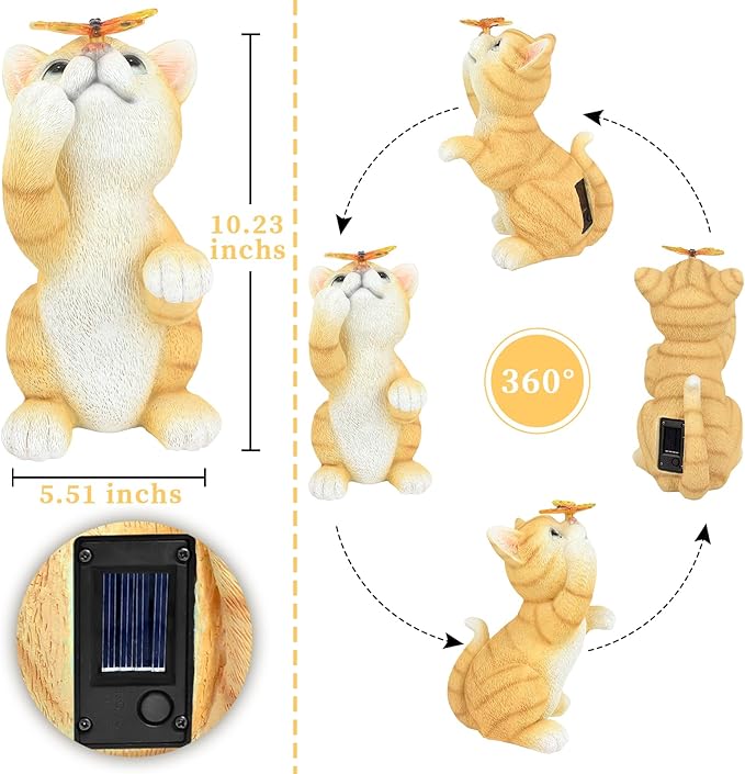 Solar Garden Statue Cat Figurine,Resin Cat Statue Playing Butterfly,Outdoor Decoration for Patio,Balcony,Yard, Lawn-Unique Housewarming Gift for Garden Mom Grandma-Ruum Studio Home