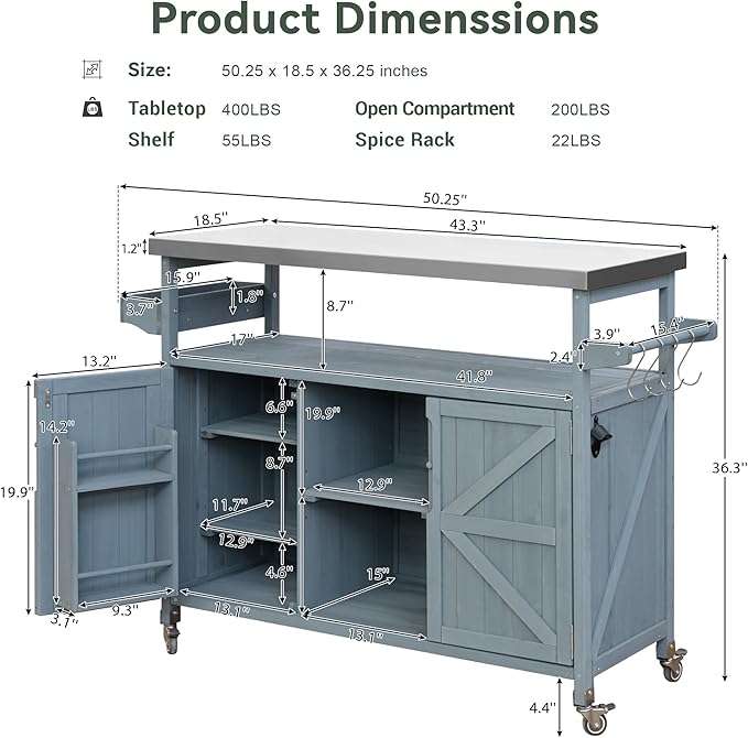 Outdoor Solid Wood Grill Table with Stainless Steel Top, Farmhouse Kitchen Island with Storage Cabinet, Outdoor Bar Cart with Internal Storage Rack, Spice & Towel Rack, Grey Blue-Ruum Studio Home