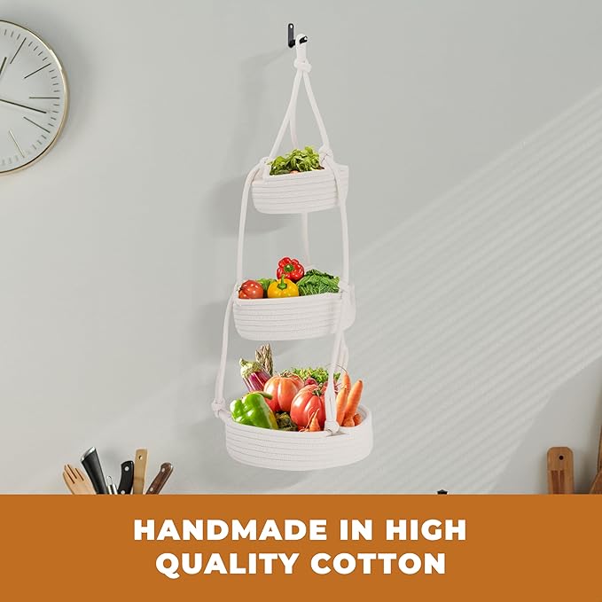 REGAL TRUNK Hanging Fruit Baskets for Kitchen - 3 tiers Fruit Baskets Hanger - Macrame Fruit Hammock - White Boho Wall Decor - Produce and Vegetable Tiered Storage Holder - 3x10x27.5 in-Ruum Studio Home