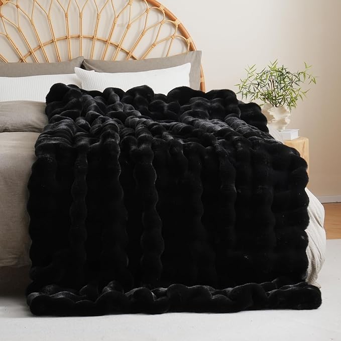 BENVWE Faux Fur Throw Blanket for Couch Bed - Fluffy Soft Thick Bubble Blanket for Living Room Home Decor - Fathers Day Birthday Gifts for Women Men, Black, 60" x 80"-Ruum Studio Home
