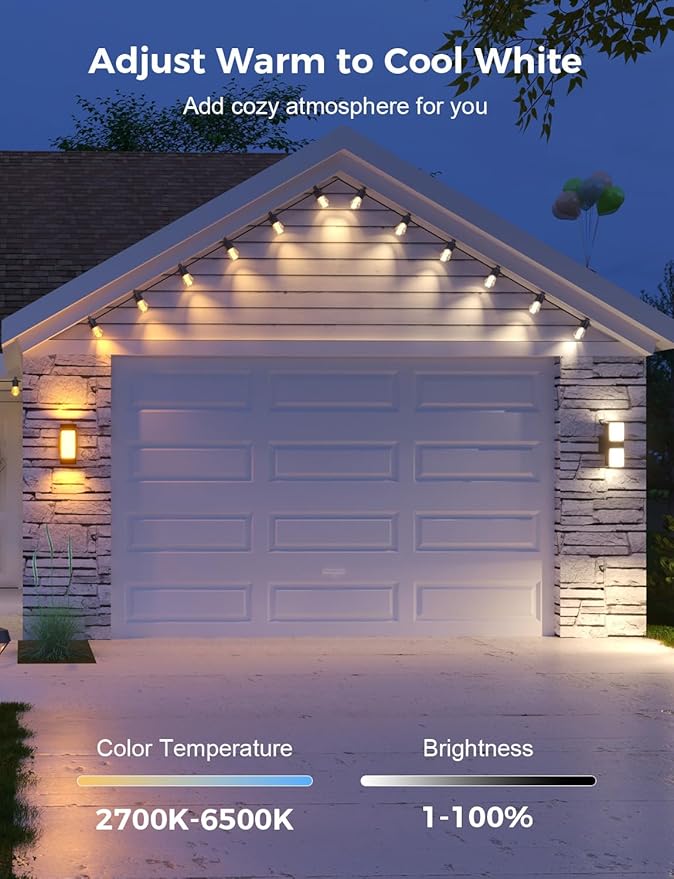 XMCOSY+ 96FT Smart Outdoor String Lights - RGBCWIC Dimmable Acrylic Bulbs, Color Changing LED Patio Lights APP WiFi Control, Compatible with Alexa, IP65 Waterproof Outdoor Lights for Backyard Porch-Ruum Studio Home