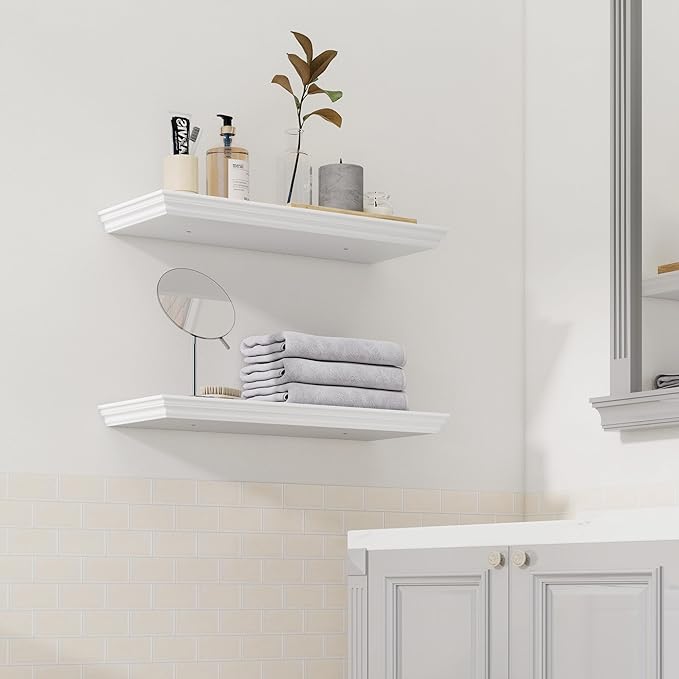 Floating Shelves for Wall, 24 Inch Long Wall Mounted White Hanging Shelf for Kitchen, Living Room, Office, Bedroom, Bathroom, Retro Vintage Wood Bookshelf for House Decor-Ruum Studio Home