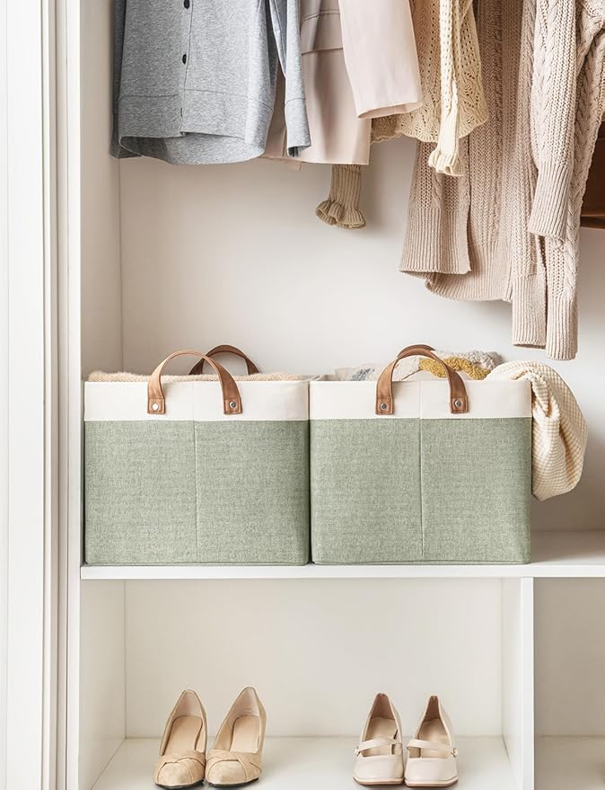 StorageWorks Storage Bins, Fabric Storage Bins for Shelves, Extra Large Storage Baskets with Metal Frame, Closet Baskets and Bins with Handles, Jumbo, Green and White, 2-Pack-Ruum Studio Home