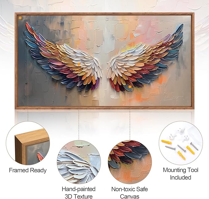 Aurlan Angel Wings Hand Painted Framed Wall Decor(40"x20"), Large Abstract Colorful Feather 3D Textured Oil Painting Canvas Artwork, Modern Contemporary Inspirational Wall Art for Living Room Bedroom-Ruum Studio Home