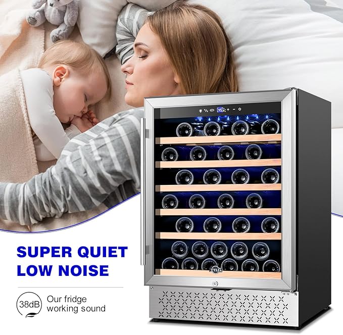Tylza 24 Inch Wine Cooler Refrigerator, 51 Bottle Built-in or Freestanding, 24'' Fridge with Stainless Steel & Double Layer Tempered Glass Door and Temperature Memory Function-Ruum Studio Home