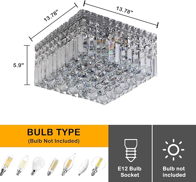 4-Lights Modern Flush Mount Ceiling Light Fixtures,Elegant Crystal Chandelier Pendant Ceiling Lamp for Bedroom,Living Room,Dining Room,Hallway H5.9 x W13.7 x L13.7 (Bulbs Not Included) Square-Ruum Studio Home