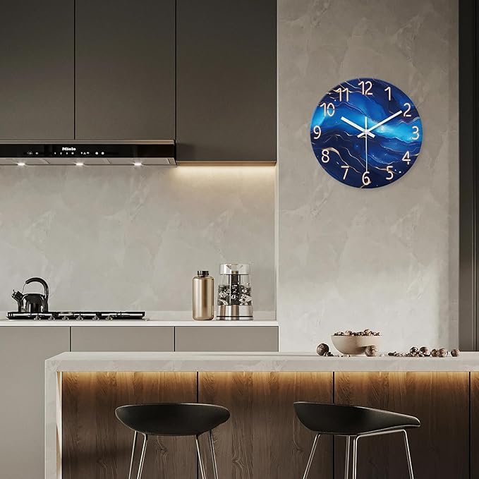 Glass Blue Wall Clocks Battery Operated 16 Inch Marble Pattern Big Clock for Office Abstract Silent Wall Clock Non Ticking-Ruum Studio Home