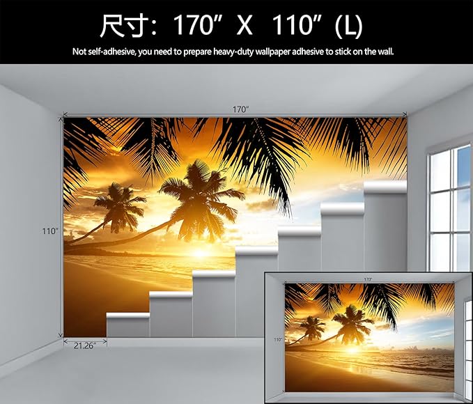 WFBHUA-Tropical Beach Wallpaper Dusk Waves Palm Tree Leaf Coconut Tree Wall Mural for Living Room Bedroom (Not Peel and Stick)-Ruum Studio Home
