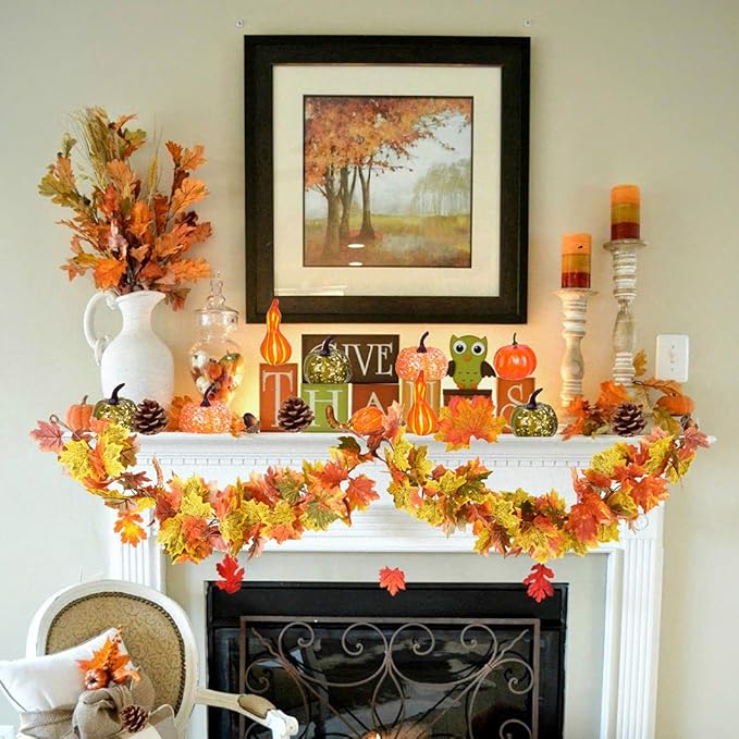 DearHouse 2 Pack Fall Garland Maple Leaf, 5.9Ft/Piece Hanging Vine Garland Artificial Autumn Foliage Garland Thanksgiving Decor for Home Wedding Fireplace Party Christmas (Light Green)-Ruum Studio Home