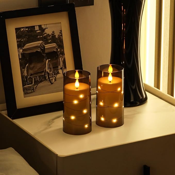 Aignis Flickering Flameless Candles Battery Operated Candles LED Candles with Remote Timer for Home/Wedding/Birthday/Holiday Decor ，Grey 3D Flame Set of 2 (D3 xH6 6")-Ruum Studio Home