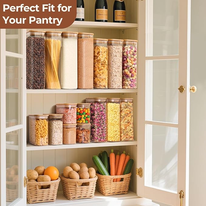 ComSaf 1.8 Qt Rectangle Glass Storage Containers with Lids, Glass Jars with Bamboo Lids, Clear Food Storage Jar, Sugar Coffee Containers, Pantry Storage Container for Pasta Rice Flour Oats Nuts Tea-Ruum Studio Home