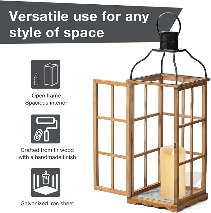 Glitzhome Set of 2 Oversized Farmhouse Wood Lanterns with Metal Top Decorative Hanging Candle Lanterns for Home Décor, Natural (No Glass)-Ruum Studio Home