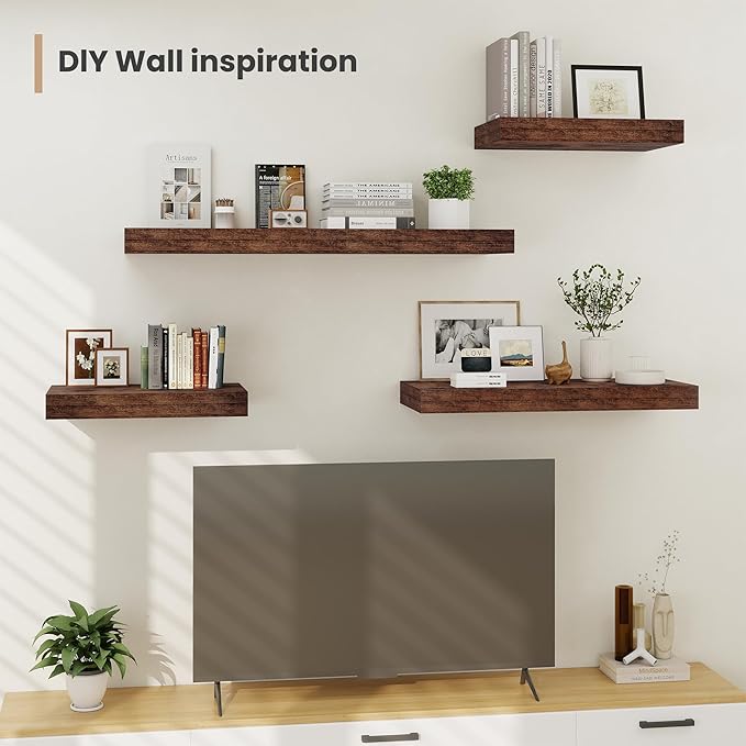 Heimlove 12 Inch Deep Floating Shelves, 48 x 12 inches Long Wall Shelf, Large Display Shelf & Storage Shelf, Rustic Wood Wall Shelves for Fireplace Mantel, Set of 2(Rustic Brown)-Ruum Studio Home