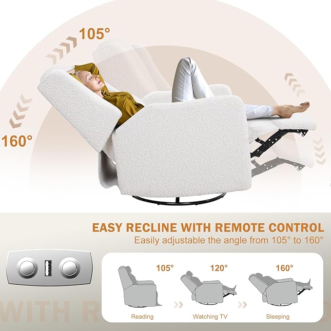 Power Recliner Chair Swivel Glider, Large Rocker Recliner w/USB Charging Port, Boucle Upholstered Swivel Rocker Glider Recliner for Nursery,Bedroom,Living Room, 1PC, Cream-Ruum Studio Home