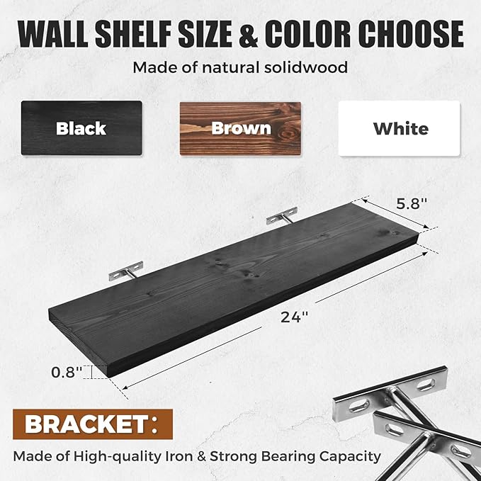 Floating Wall Shelves 2-Pack - 24-Inch Rustic Black Wooden Shelves for Storage and Décor, Easy Installation for Living Room, Bedroom, and Kitchen-Ruum Studio Home