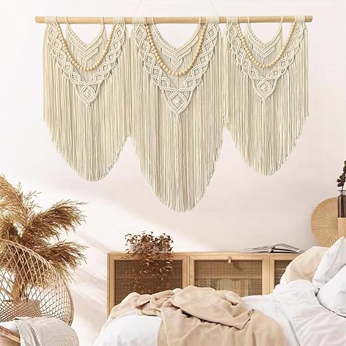 large macrame wall hanging - Boho Tapestry Macrame Wall Decor Art- Chic Bohemian Handmade Woven Tapestry Home Decoration for Bedroom Living Room Apartment Wedding Party - 43"x32" (Beige-Wood Bead)-Ruum Studio Home