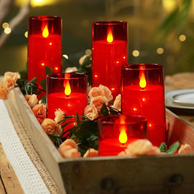 Homemory 9 Pcs Flameless Candles with Embedded Star String Fairy Lights, Battery Operated Candles, LED Candle, Fake Candles with Remote Control and Timer (Red)-Ruum Studio Home
