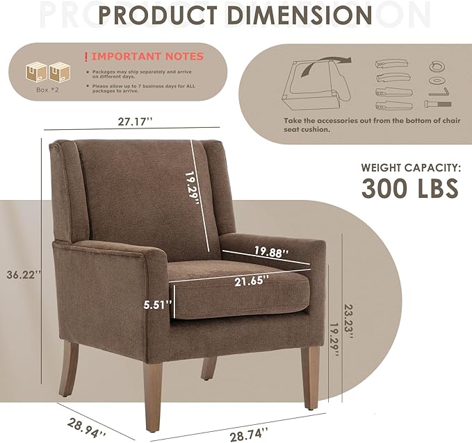 COLAMY Modern Wingback Living Room Chair Set of 2, Upholstered Fabric Accent Armchair, Single Sofa Chair with Lounge Seat and Wood Legs for Bedroom/Office/Reading Spaces, Brown-Ruum Studio Home