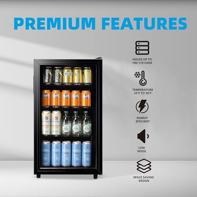 WANAI Mini Fridge Cooler 125Cans Beverage Refrigerator Glass Door Beverage Cooler for Beers Wine Juicer Adjustable Shelves LED Lights for Home, Office or Bar-Ruum Studio Home