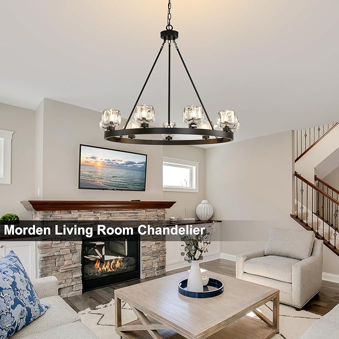 Black Wagon Wheel Chandelier, 36 Inch Black Chandeliers with Unique Glass Shade, 9-Light Crystal Farmhouse Wagon Wheel Chandeliers for Dining Room, Round Chandelier for Living Room, Foyer, Entryway-Ruum Studio Home