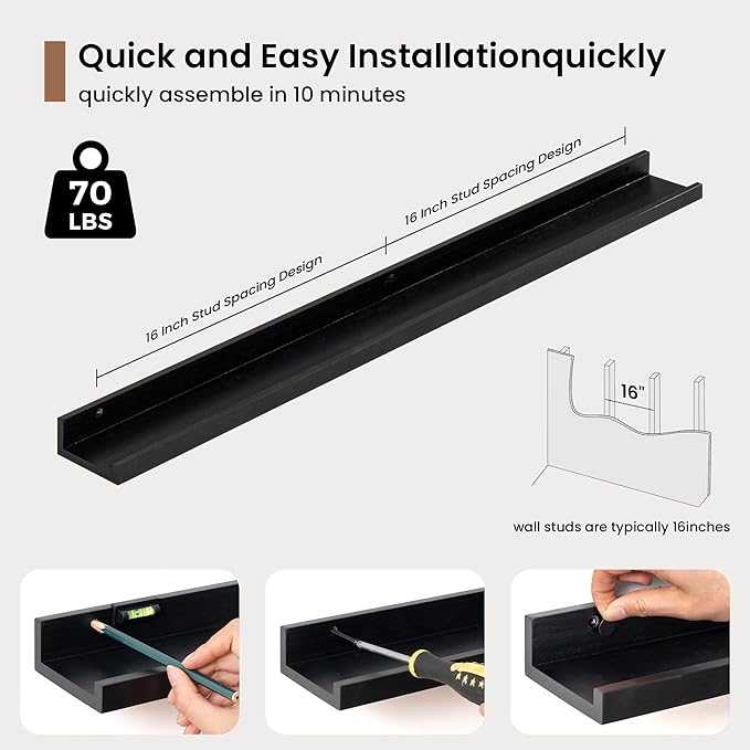 Picture Ledge Shelf, Solid Pine Wood Floating Shelves Set of 2, 36 Inches Nursery Book Shelves for Toys Storage, Kids Bookshelf Wall Mounted for Living Room Bedroom Decor Books Photo Frames, Black-Ruum Studio Home