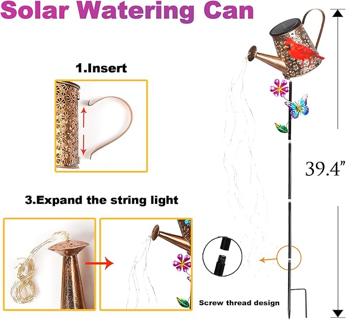 Solar Lights Outdoor Decorative, 39.4'' Metal Solar Watering Can Lights with Red Cardinal, Waterproof Garden Stake for Yard Lawn Patio Pathway Landscape, Gardening Gifts for Mom Grandma Women-Ruum Studio Home