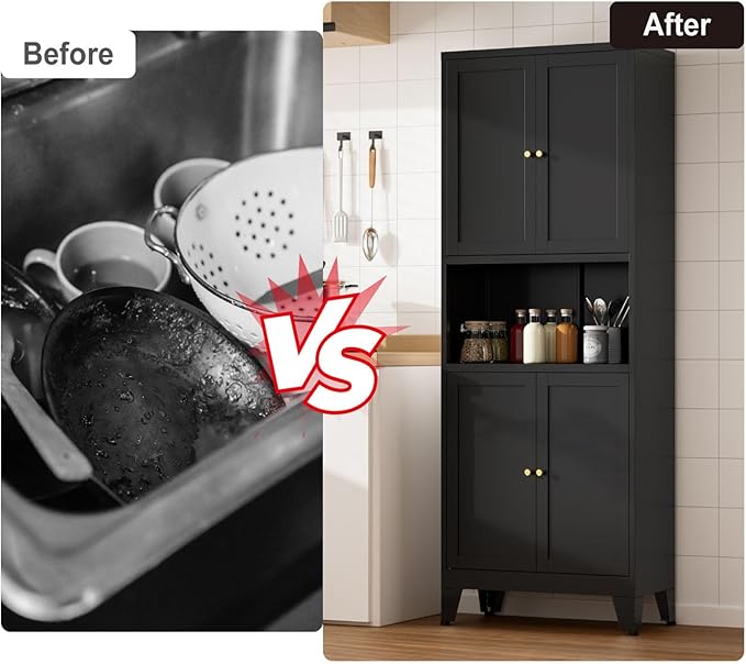 69" Tall Kitchen Pantry Cabinet, Metal Storage Cabinet with 4 Doors and Adjustbale Shelves, Freestanding Cupboards for Dining Room, Living Room, Bathroom-Ruum Studio Home