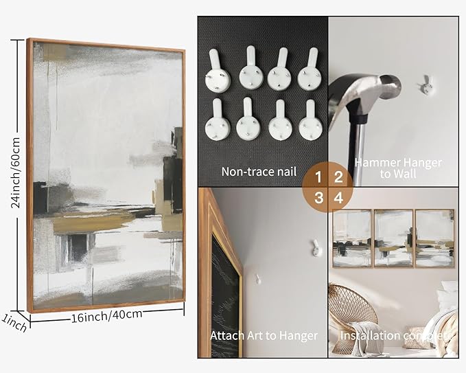 SIGNINART Beige Abstract Framed Canvas Wall Art Set, Black and White Textured Art Prints, Paint Strokes Minimalist Shapes Wall Decor, Neutral Modern Art Paintings for Living Room, Bedroom, Office 16"x24"x3-Ruum Studio Home