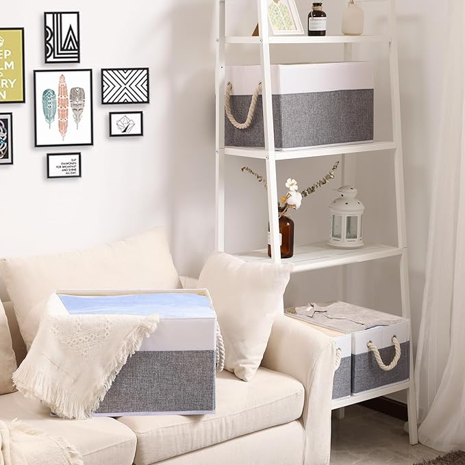 Yawinhe Foldable Storage Baskets for Shelves, Fabric Storage Cubes with Rope Handle, Closet Organizers for Clothes, 3-Pack, 14.96''Lx9.84''Wx8.26''H, White/Grey-Ruum Studio Home