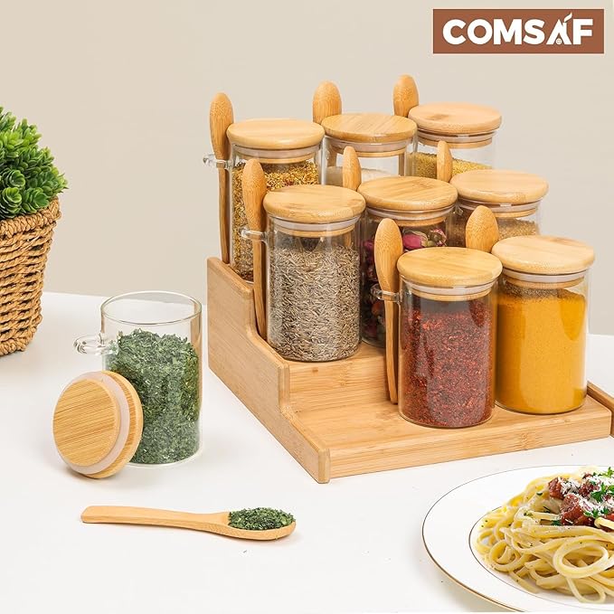 ComSaf Spice Jars with Spoon 8 oz 6Pack, Small Spice Containers Starter Set, Glass Seasoning Jars with Labels, Round Seasoning Containers for Salt, Pepper, Chili Powder, Sugar, Loose Tea Storage-Ruum Studio Home