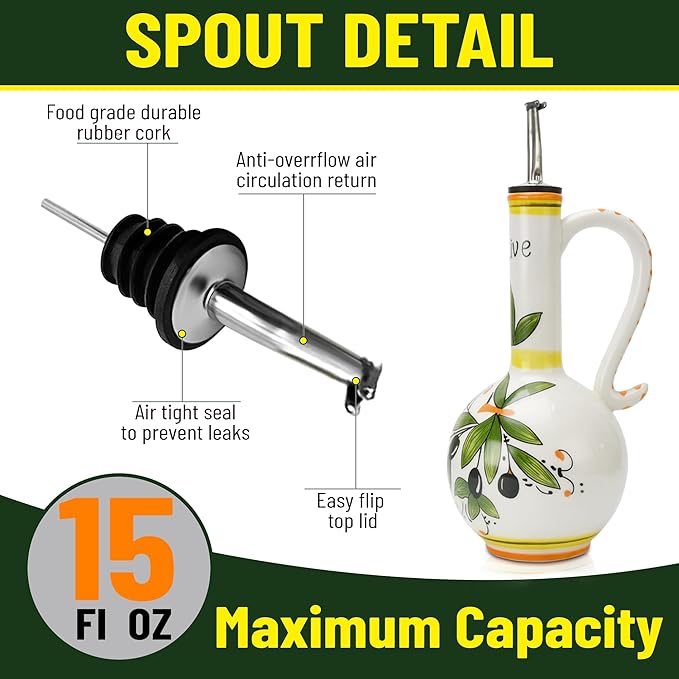 Hand-Painted Ceramic Olive Oil Dispenser Bottle – 15oz Decorative Stoneware Cruet with Stainless Steel Spout for Oil, Vinegar, Syrups, and Sauces-Ruum Studio Home