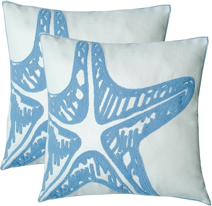 Embroidered Decorative Throw Pillow Cover, 18"x18" Set of 2, Farmhouse Pillowcase Blue Sea Star Knit Pattern Cotton Canvas Cushion Case Square Floral Pillow Case for Sofa Couch Bed Living Room-Ruum Studio Home