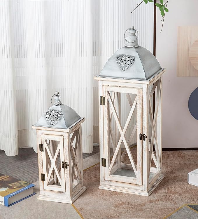 Set of 2 Large Farmhouse Wooden Metal Lanterns, Rustic Decorative Floor Candle Lanterns, Whitewash Distressed Hanging Lanterns for Home Decor (No Glass)-Ruum Studio Home
