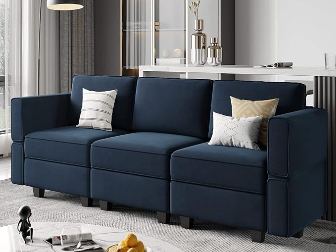 Belffin Modular Sofa Couch with Storage Seats Velvet 3 Seater Sofa for Living Room Blue-Ruum Studio Home