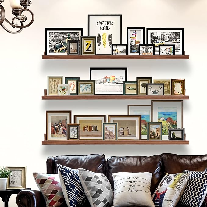 AZSKY 48 Inch Long Floating Shelves Wall Mounted Light Walnut Narrow Photo Picture Ledge Shelves Set of 3 Nursery Book Shelves Photo Frames Display Shelves Kitchen Spice Rack-Ruum Studio Home