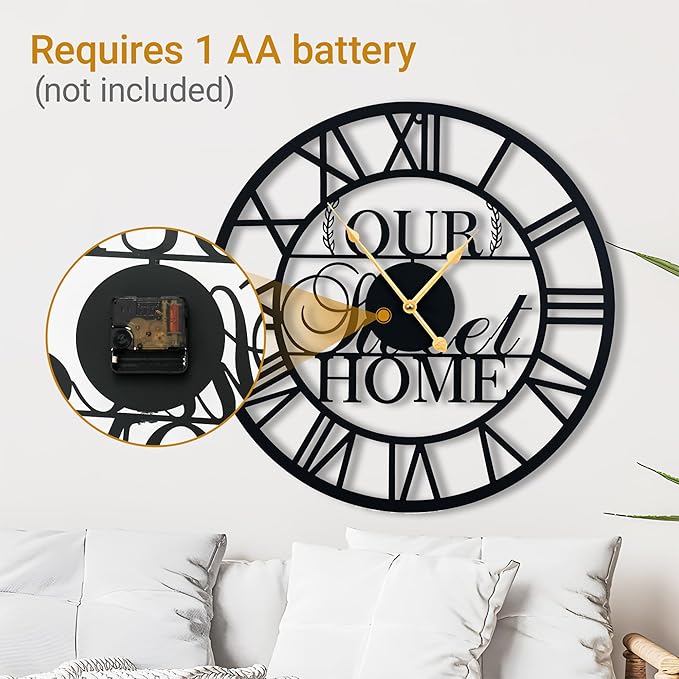 LBC.JzJu24inches/60cm Large Wall Clocks Battery Powered No Ticking Silent Round Black Modern Unique Metal Wall Clocks Suitable Living Room Kitchen Bedroom Fireplace Office Farmhouse。-Ruum Studio Home