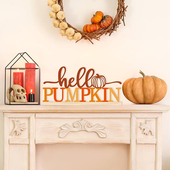 COCHIE Metal Hello Pumpkin Sign, Orange Fall Decorations for Home, Office, Shelf, Mantel, Indoor, Autumn Pumpkin Decoration, Hello Fall Decor (Autumn A)-Ruum Studio Home