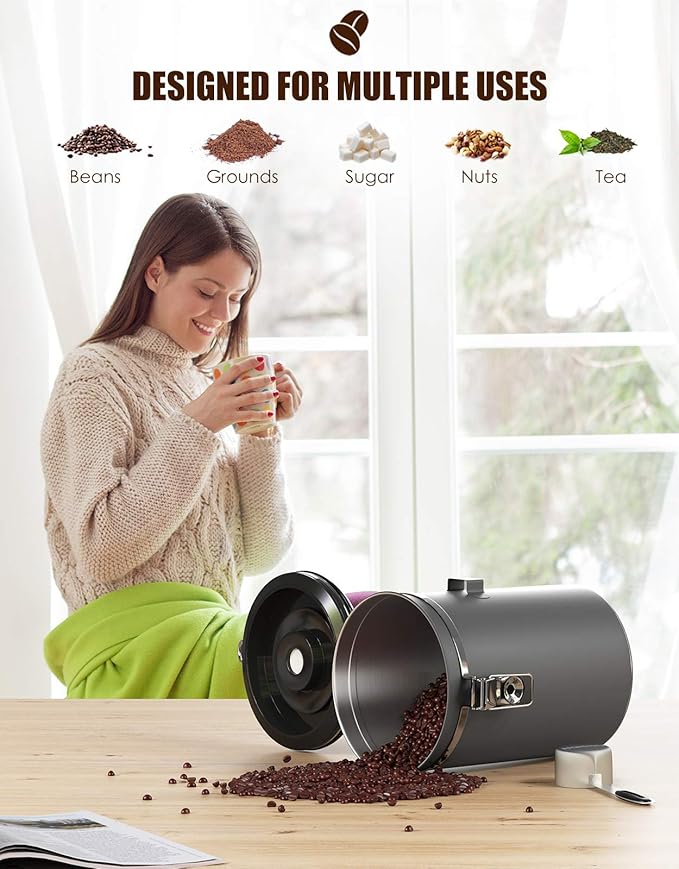 HAIOOU Airtight Coffee Canister, 22OZ Large Stainless Steel Coffee Bean Storage Container with Date Tracker, Measuring Scoop, CO2 Releasing Valves and Mini Tongs for Beans, Grounds and more - Gray-Ruum Studio Home